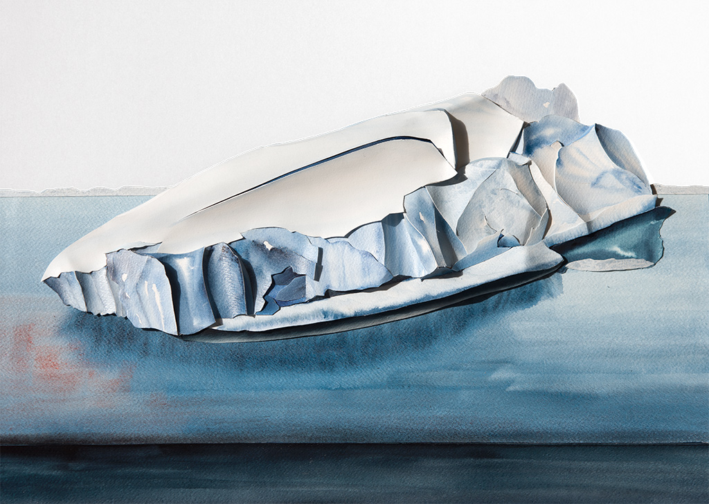 Antarctic Larsen-calved A68 'Trillion-Tonne' Iceberg, Sculptural Watercolour® by Prue Bishop, 2020. A striking depiction of the colossal A68 iceberg, capturing its final journey as it fractures and melts into the warming South Atlantic. 60 x 80 x 5 cm.