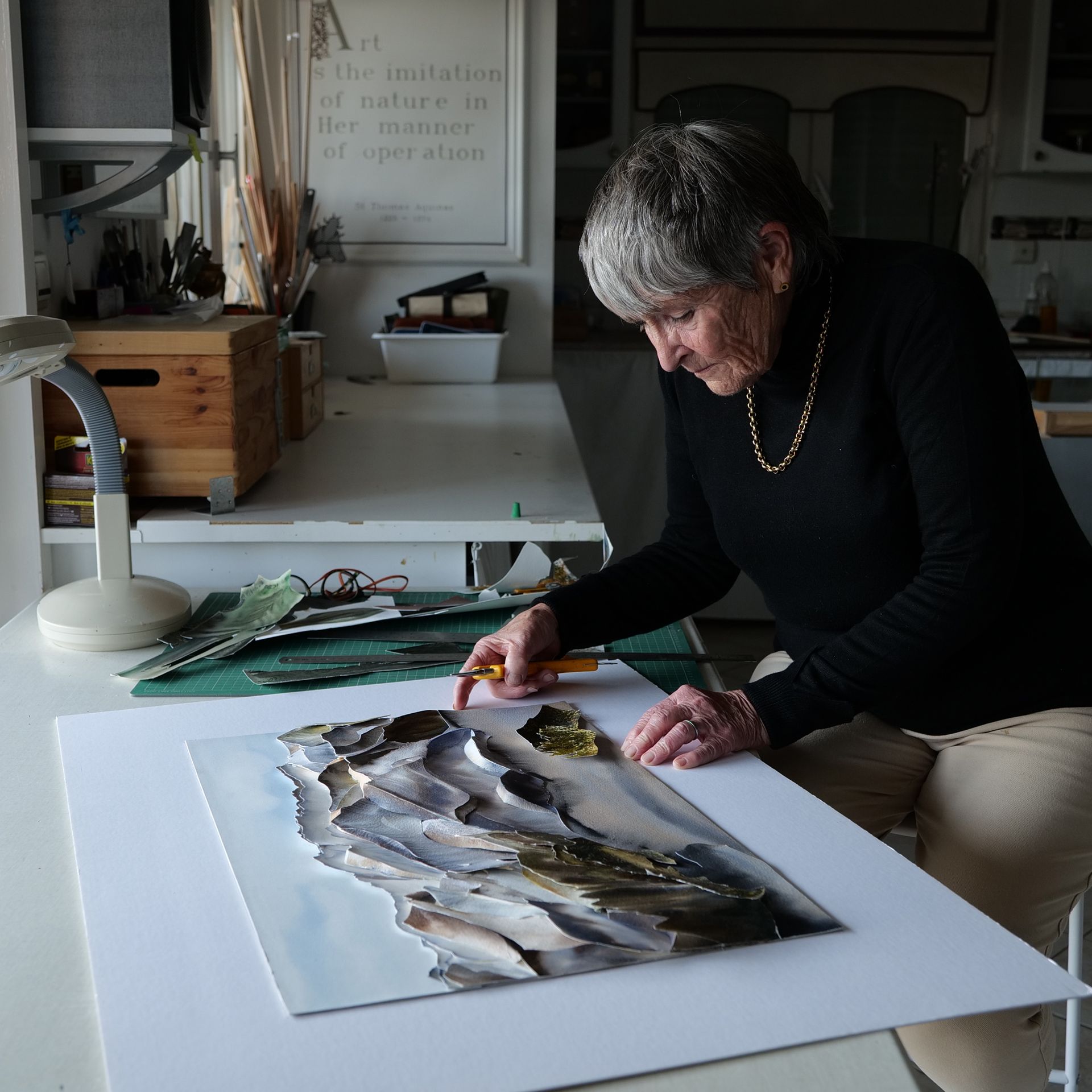 Prue Bishop in her atelier assembling a painting 2025 Prue Bishop in her atelier, creating a Sculptural Watercolour® painting using her signature technique that embraces the 3rd dimension, 2025.