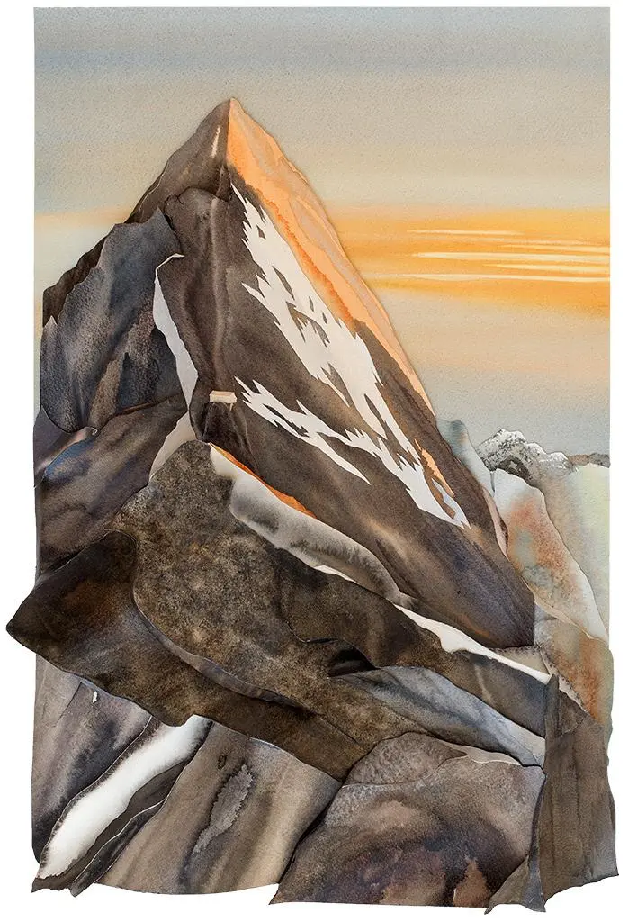 The Eiger from the Mittellegi Ridge – A Sculptural Watercolour® painting by Prue Bishop, depicting the dramatic ascent of the Mittellegi Ridge on the Eiger, with layered textures mimicking the rugged mountain rock and snow. A golden sunrise casts light over the towering peak, enhancing the alpine grandeur.