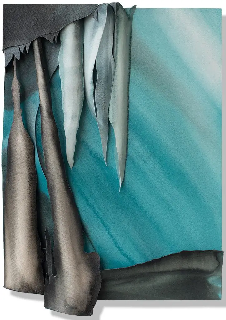 Subterranean Icicles in the Ecrins Mountains (2018) – A sculptural watercolour capturing the crystalline splendor of an icy cavern, emphasizing the delicate balance of light, shadow, and melting ice. 60 x 50 x 6 cm. Subterranean Icicles in the Ecrins Mountains, Sculptural Watercolour® by Prue Bishop, 2018. A striking portrayal of a hidden glacial cavern, where delicate icicles and melting ice formations reflect the fragile beauty of vanishing glaciers. 60 x 50 x 6 cm.