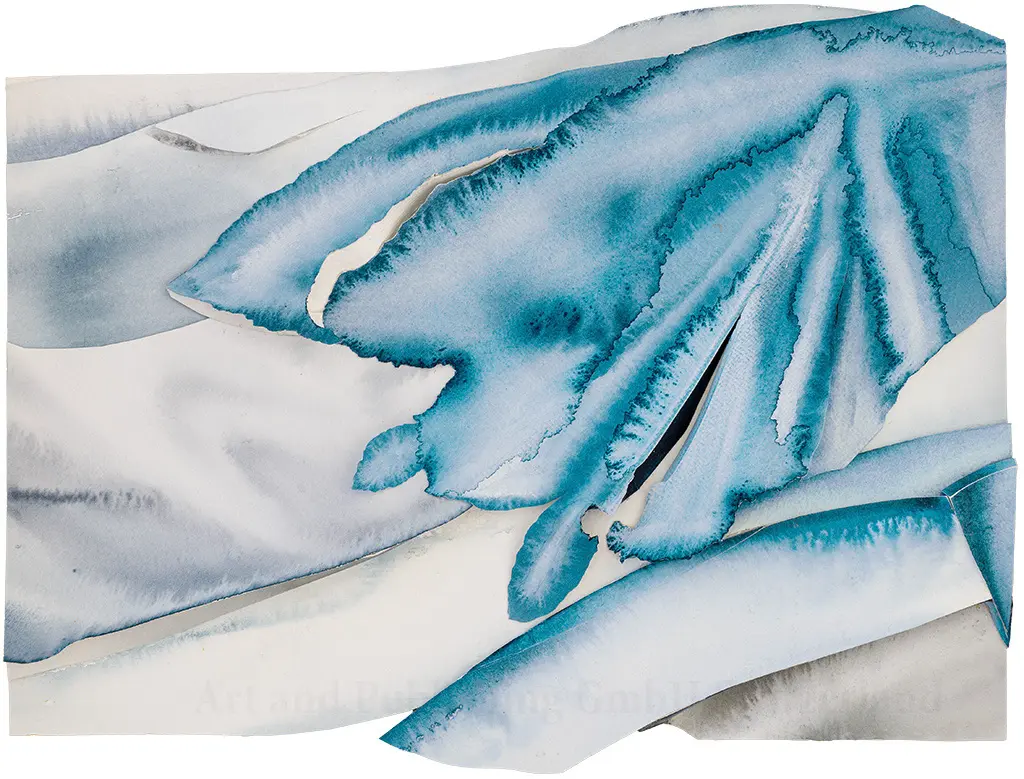 Avalanche in the Bernese Oberland (2012) – A sculptural watercolour capturing the dramatic movement of an avalanche, where layers of ice and snow fracture and cascade down the Swiss Alps. 50 x 50 x 4.2 cm. Avalanche in the Bernese Oberland, Switzerland, Sculptural Watercolour® by Prue Bishop, 2012. A striking portrayal of an avalanche in motion, capturing the force of cascading ice and snow with sculptural depth and layered watercolour. 50 x 50 x 4.2 cm.