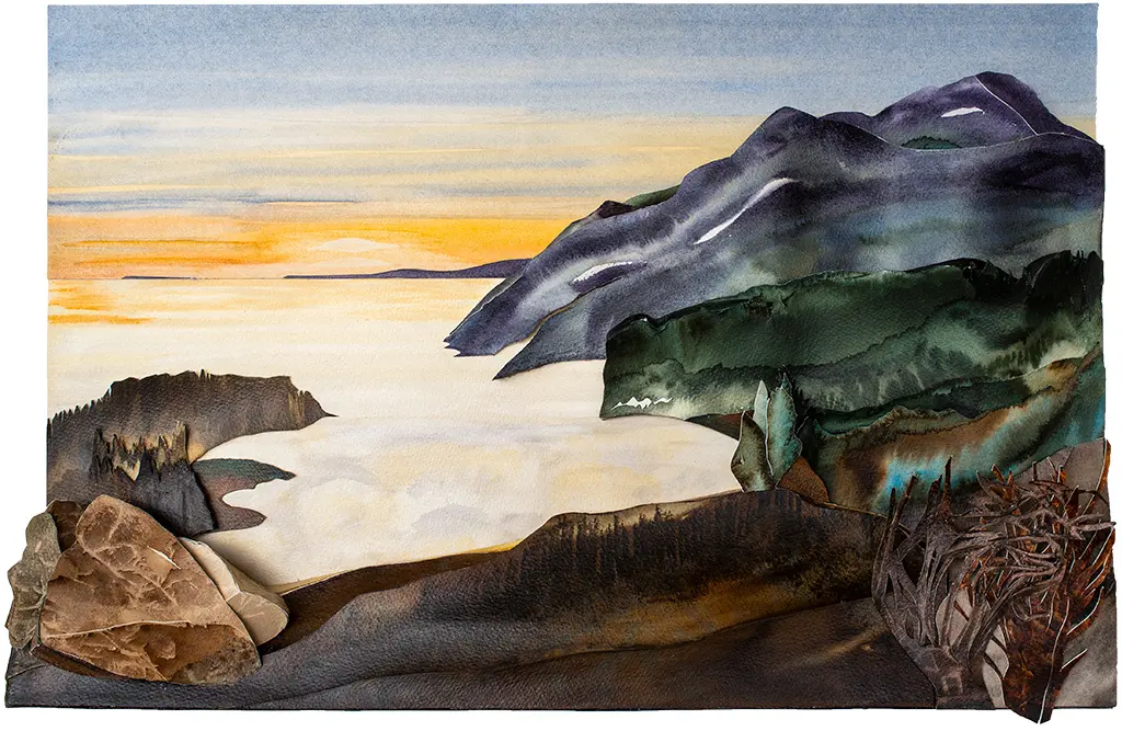 Weissenstein bei Solothurn - Sonnenuntergang (2019) – A sculptural watercolour depicting the Weissenstein mountain range at sunset, where golden light fades into twilight over misty alpine valleys. 60 x 80 x 8.5 cm. Weissenstein bei Solothurn - Sonnenuntergang, Sculptural Watercolour® by Prue Bishop, 2019. A luminous alpine sunset over Weissenstein, with sculptural watercolor layers capturing the misty valleys, golden twilight hues, and rugged mountain ridges. 60 x 80 x 8.5 cm.