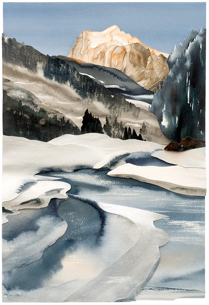Schwarze-Lütschine and the Wetterhorn (2014) – A sculptural watercolour capturing the icy flow of the Schwarze Lütschine beneath the golden glow of the Wetterhorn. 70 x 50 x 3.5 cm. Schwarze-Lütschine and the Wetterhorn, Sculptural Watercolour® by Prue Bishop, 2014. A winter scene capturing the frozen Schwarze Lütschine river with the golden-lit Wetterhorn in the background. Snow, ice, and rugged peaks sculpted with layered watercolour create depth and movement.