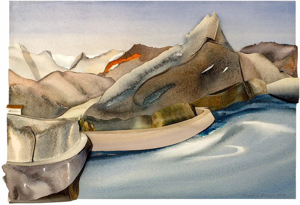 Le Lac d’Emosson (2012) – A sculptural watercolour showcasing the Emosson Dam, where human innovation meets alpine beauty. The scene captures the dam’s imposing structure against the icy blue waters and towering peaks. 50 x 70 x 6 cm. Le Lac d’Emosson, Sculptural Watercolour® by Prue Bishop, 2012. A detailed portrayal of the Emosson Dam, capturing the balance between hydroelectric engineering and the surrounding Swiss-French alpine landscape. The sculptural layering highlights the dam’s curvature, icy waters, and rugged mountain backdrop. 50 x 70 x 6 cm.