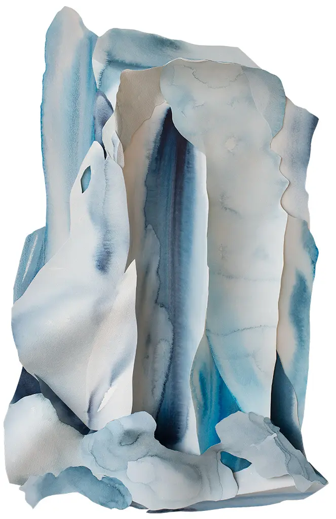 Ice Chimney on the North Face of the Eiger (2015) – A sculptural watercolour capturing the frozen cascade of a winter chimney on the Eiger, where ice formations and rugged rock face create a striking alpine composition. 80 x 60 x 5.5 cm. Ice Chimney on the North Face of the Eiger, Sculptural Watercolour® by Prue Bishop, 2015. A breathtaking portrayal of a frozen waterfall on the Eiger’s North Face, where sculptural layering enhances the icy textures and vertical passage of this legendary alpine climbing route. 80 x 60 x 5.5 cm.