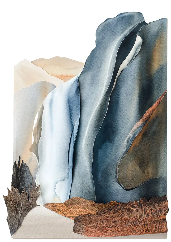 La Cascade de la Pissvache, Martigny (2011) – A sculptural watercolour depicting the historic Swiss waterfall, where layered textures bring the motion of water and the grandeur of the rocky landscape to life. 70 x 50 x 5.5 cm. La Cascade de la Pissvache, Martigny, Sculptural Watercolour® by Prue Bishop, 2011. A striking portrayal of the historic waterfall in the Rhône Valley, where sculptural layering captures the interplay of flowing water, rugged rock formations, and atmospheric depth. 70 x 50 x 5.5 cm.