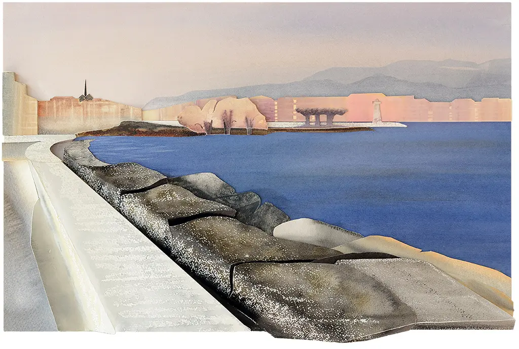 Geneva Ice, No Fountain, No People (2011) – A sculptural watercolour depicting the frozen shores of Lake Geneva, where ice-covered walkways and a Mont Blanc sunset create a striking winter scene. 50 x 70 x 4.5 cm. Geneva Ice, No Fountain, No People, Sculptural Watercolour® by Prue Bishop, 2011. A rare portrayal of a frozen Lake Geneva, capturing the eerie stillness of an ice-covered promenade under a Mont Blanc sunset, with sculptural textures adding depth and realism. 50 x 70 x 4.5 cm.