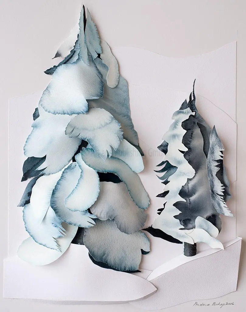 Pines in Winter (2001) – A sculptural watercolour portraying a peaceful, snow-covered alpine forest, where layered textures bring the crisp winter air and towering evergreens to life. 60 x 40 x 5 cm. Pines in Winter, Sculptural Watercolour® by Prue Bishop, 2001. A serene alpine forest scene capturing snow-laden evergreen trees, where sculptural layering enhances the depth and tranquility of a winter landscape. 60 x 40 x 5 cm.