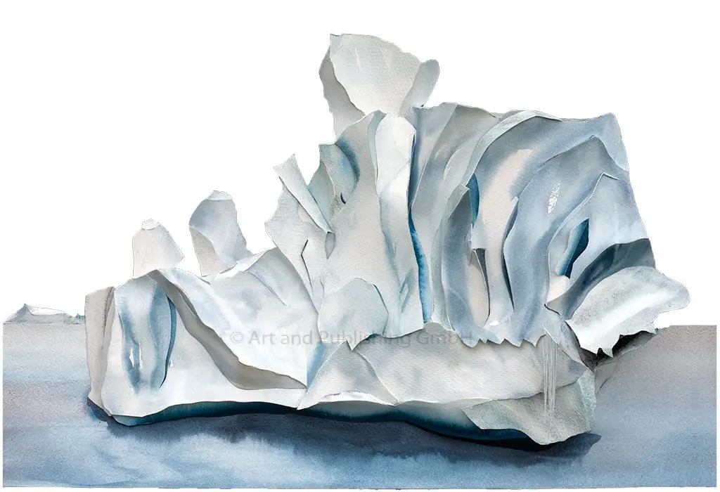 Antarctic Larsen-calved A68 Iceberg v2 (2020) – A sculptural watercolour portraying the dramatic collapse of one of the largest icebergs ever recorded, symbolizing the accelerating effects of climate change. 60 x 80 x 7 cm. Antarctic Larsen-calved A68 Iceberg v2, Sculptural Watercolour® by Prue Bishop, 2020. A powerful depiction of the colossal A68 iceberg breaking apart in the South Atlantic, highlighting the fragility of Earth’s melting ice sheets. 60 x 80 x 7 cm.