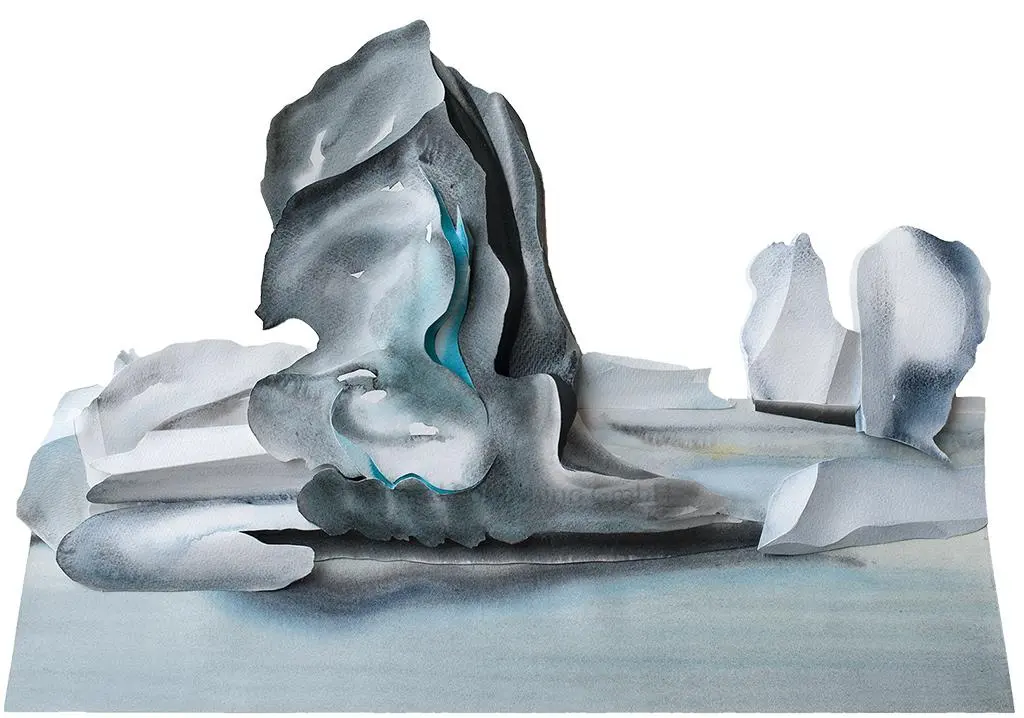 Pollution Darkens Surface Causing Increased Ice Melt (2023) – A sculptural watercolour depicting the impact of airborne pollution on glaciers, where darkened ice accelerates melting and contributes to rising sea levels. 60 x 80 x 5 cm. Pollution Darkens Surface Causing Increased Ice Melt, Sculptural Watercolour® by Prue Bishop, 2023. A striking portrayal of pollution-stained ice fields, illustrating how darkened surfaces absorb more heat, accelerating glacial melt. 60 x 80 x 5 cm.