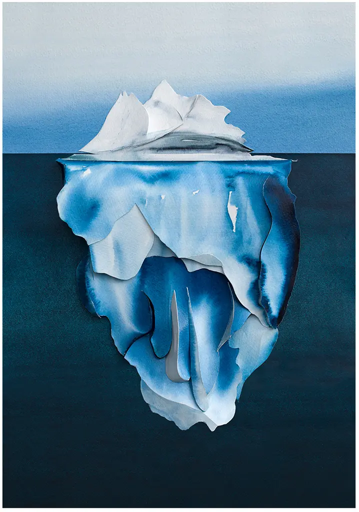 Iceberg Melting Mostly Underwater (2023) – A sculptural watercolour revealing the unseen depths of a melting iceberg, emphasizing the fragile relationship between ice and ocean. 80 × 60 × 4 cm. Iceberg Melting Mostly Underwater, Sculptural Watercolour® by Prue Bishop, 2023. A powerful depiction of an iceberg’s hidden mass beneath the ocean surface, illustrating the delicate balance of ice and water in a warming climate. 80 × 60 × 4 cm.