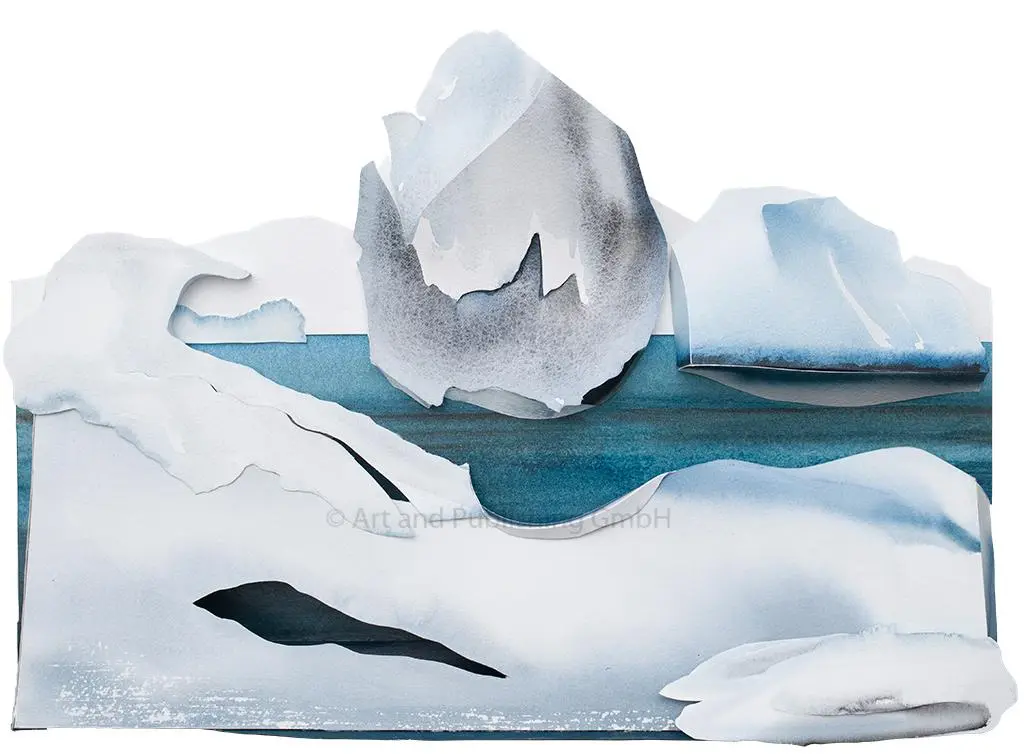 Fracturing Ice Sheet (2023) – A sculptural watercolour portraying the breaking and melting of a Greenland ice sheet, where deep fissures and meltwater pools highlight the urgency of climate change. 60 x 80 x 6 cm. Fracturing Ice Sheet, Sculptural Watercolour® by Prue Bishop, 2023. A dramatic depiction of a destabilizing ice sheet in Greenland, capturing deep fractures, meltwater pools, and the accelerating retreat of glacial ice. 60 x 80 x 6 cm.