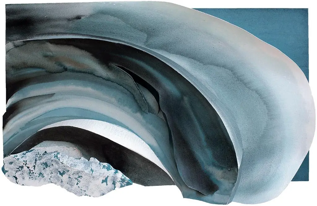 Ice Cave (2018) – A sculptural watercolour portraying a hidden glacial cavern in the midst of melting, reflecting the fragile and transient nature of these natural ice formations. 50 x 60 x 4 cm. Ice Cave, Sculptural Watercolour® by Prue Bishop, 2018. A mesmerizing depiction of a melting ice cavern, capturing the fleeting beauty and fragility of glacier-formed tunnels as they vanish due to rising temperatures. 50 x 60 x 4 cm