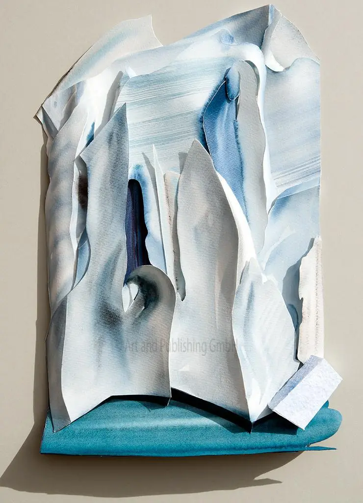Glacial Ice Collapsing into the Sea (2023) – A sculptural watercolour capturing the moment of glacier calving, where massive ice fragments break away and plunge into the ocean. 70 x 70 x 5 cm. Glacial Ice Collapsing into the Sea, Sculptural Watercolour® by Prue Bishop, 2023. A dramatic portrayal of a calving glacier, where towering ice cliffs fracture and crash into the ocean, accelerating sea level rise. 70 x 70 x 5 cm.