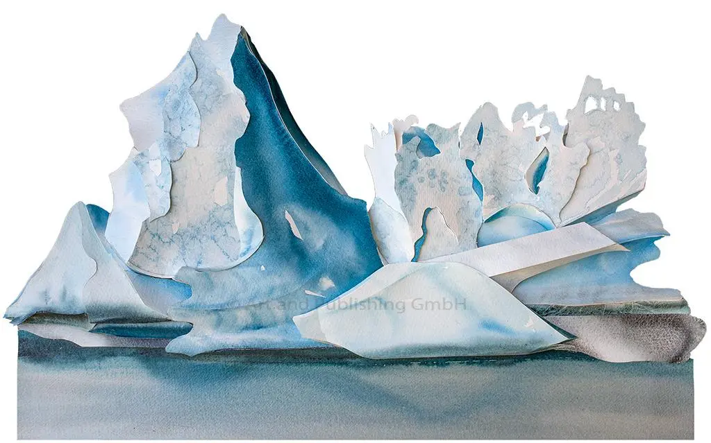 Delicate Last Vestiges of Ice Melt in the Sea (2023) – A sculptural watercolour portraying the final fragments of a vanishing iceberg, dissolving into the warming ocean. 50 x 70 x 4 cm. Delicate Last Vestiges of Ice Melt in the Sea, Sculptural Watercolour® by Prue Bishop, 2023. A poignant depiction of the final remnants of a melting iceberg, highlighting the fragile and fleeting nature of glacial ice. 50 x 70 x 4 cm.
