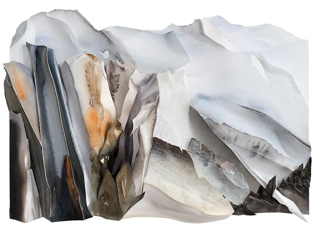 Mont Blanc from the Aiguille du Midi (2012) – A sculptural watercolour capturing the grandeur of Mont Blanc and the iconic Les Gendarmes rock formations. 60 x 80 x 5.5 cm. Mont Blanc from the Aiguille du Midi, Sculptural Watercolour® by Prue Bishop, 2012. A striking portrayal of Mont Blanc’s peaks and the rugged Arête des Cosmiques, showcasing the sculptural depth of the alpine landscape. 60 x 80 x 5.5 cm.