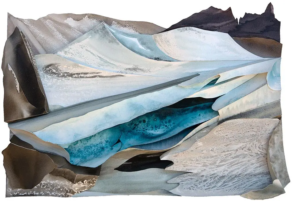 La Mer de Glace, Chamonix (2022) – A sculptural watercolour capturing the dramatic loss of ice in one of France’s most famous glaciers. 60 x 80 x 5 cm. La Mer de Glace, Chamonix – Sculptural Watercolour® by Prue Bishop, 2022. A striking depiction of glacier retreat in the French Alps, revealing melting ice and encroaching moraine. 60 x 80 x 5 cm.
