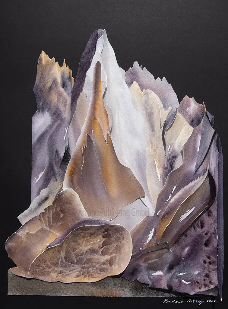 Les Drus from La Mer de Glace (2022) – A sculptural watercolour capturing the fractured beauty of a once-mighty peak, now reshaped by climate change. 70 x 50 x 4 cm. Les Drus from La Mer de Glace – Sculptural Watercolour® by Prue Bishop, 2022. A striking portrayal of the crumbling Aiguille du Dru, highlighting the impact of climate change. 70 x 50 x 4 cm.