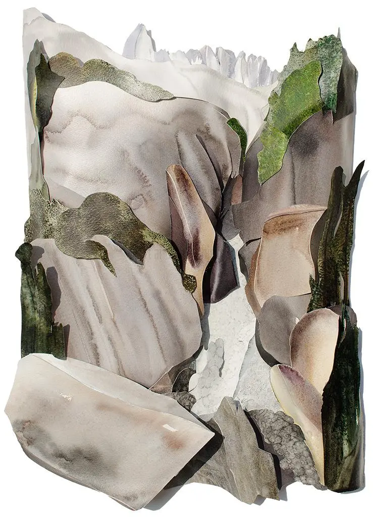 Arveyron Gorge from ‘The Source of the Arveyron’ (2012) – A sculptural watercolour preserving the memory of the lost ice cave where the River Arveyron once emerged. 80 x 60 x 3.5 cm. Arveyron Gorge from ‘The Source of the Arveyron,’ Sculptural Watercolour® by Prue Bishop, 2012. A striking depiction of the vanished ice cave at the Glacier des Bois, capturing the remnants of the gorge and its historical significance. 80 x 60 x 3.5 cm.