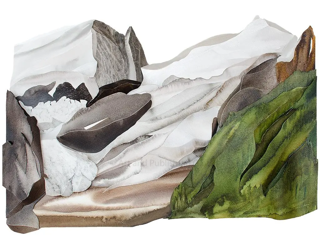 Bossons Midi Maudit from Les Bossons (2012) – A sculptural watercolour depicting the Bossons Glacier’s retreat, with Mont Maudit and Aiguille du Midi towering in the background. 50 x 70 x 5.5 cm. Bossons Midi Maudit from Les Bossons, Sculptural Watercolour® by Prue Bishop, 2012. A striking portrayal of the Bossons Glacier and Mont Maudit, showcasing the dramatic retreat of the ice and the evolving alpine landscape. 50 x 70 x 5.5 cm.