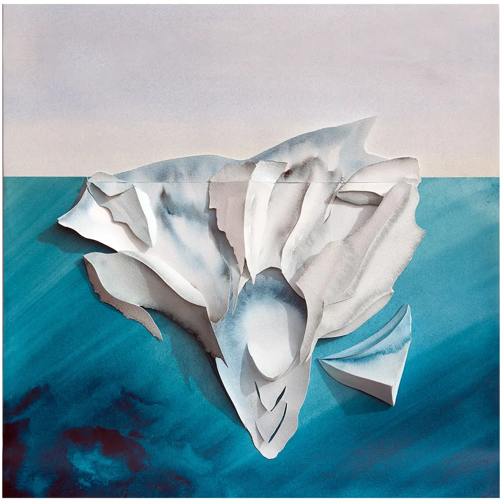 Ice Shard (2023) – A sculptural watercolour capturing a lone ice shard floating in the Arctic, symbolizing the accelerating loss of glacial ice due to climate change. 70 x 70 x 5.5 cm. Ice Shard, Sculptural Watercolour® by Prue Bishop, 2023. A striking depiction of a drifting ice fragment in Arctic waters, highlighting the fragile impermanence of melting glaciers through sculptural depth and watercolor layering. 70 x 70 x 5.5 cm.