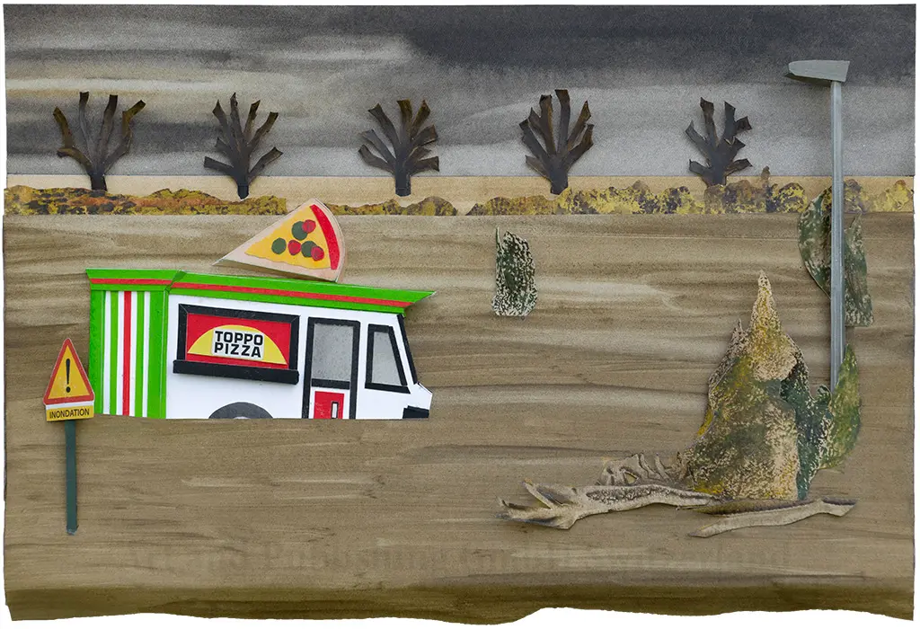 Toppo's Pizza Van Caught in Muddy Floodwater (2024) – A sculptural watercolour highlighting the increasing threat of climate-driven flash floods in Bordeaux, France. 50 x 70 x 5.5 cm. Toppo's Pizza Van Caught in Muddy Floodwater – Sculptural Watercolour® by Prue Bishop, 2024. A playful yet urgent depiction of a van stranded in rising floodwaters. 50 x 70 x 5.5 cm.