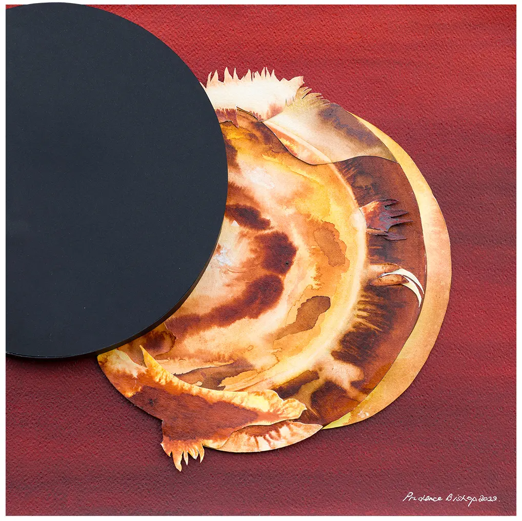 Partial Eclipse of the Sun (2023) – A sculptural watercolour capturing the rare celestial event of a partial solar eclipse, where shadow and light intertwine in cosmic balance. 50 x 50 x 6 cm. Partial Eclipse of the Sun, Sculptural Watercolour® by Prue Bishop, 2023. A dramatic portrayal of a partial solar eclipse, with rich celestial hues and sculptural depth capturing the Moon’s passage across the Sun. 50 x 50 x 6 cm.