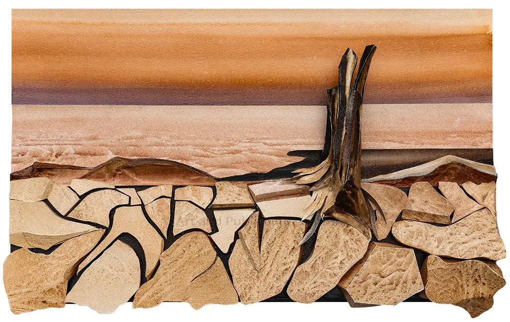Scorched Earth 2 (2024) – A haunting Sculptural Watercolour® illustrating the devastating impact of drought and climate change on fragile landscapes. 50 x 70 x 5.5 cm. Scorched Earth 2 – Sculptural Watercolour® by Prue Bishop, 2024. A stark depiction of drought and desertification, capturing the cracked earth of a once-thriving riverbed. 50 x 70 x 5.5 cm.