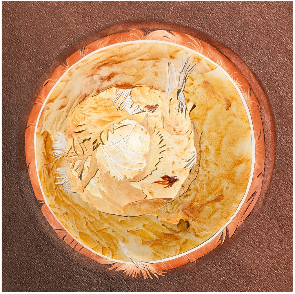 The Sun (2023) – A sculptural watercolour celebrating the Sun’s energy, highlighting its role in Earth’s climate and the fragile balance that sustains life. 70 x 70 x 6 cm. The Sun, Sculptural Watercolour® by Prue Bishop, 2023. A radiant depiction of the Sun’s life-giving force, with swirling textures and golden hues emphasizing its power and the delicate balance of Earth’s atmosphere. 70 x 70 x 6 cm.