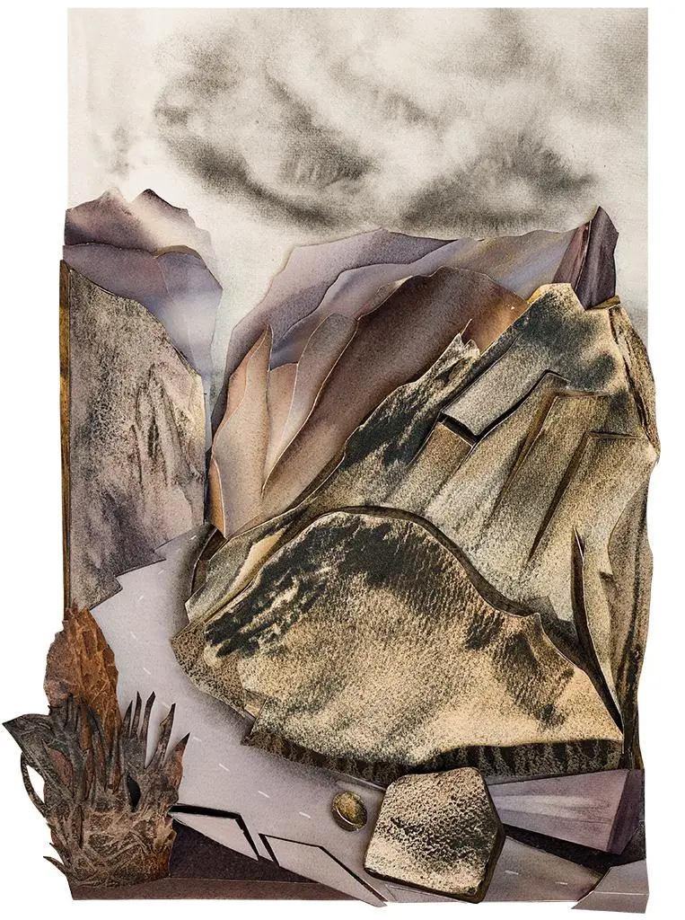 Mountainside Collapse (2023) – A sculptural watercolour capturing the impending destruction of a crumbling mountainside, echoing real events in Brienz, Switzerland. 70 x 50 x 5 cm. Mountainside Collapse – Sculptural Watercolour® by Prue Bishop, 2023. A dramatic depiction of a collapsing mountainside, inspired by the Brienz rockslide. 70 x 50 x 5 cm.