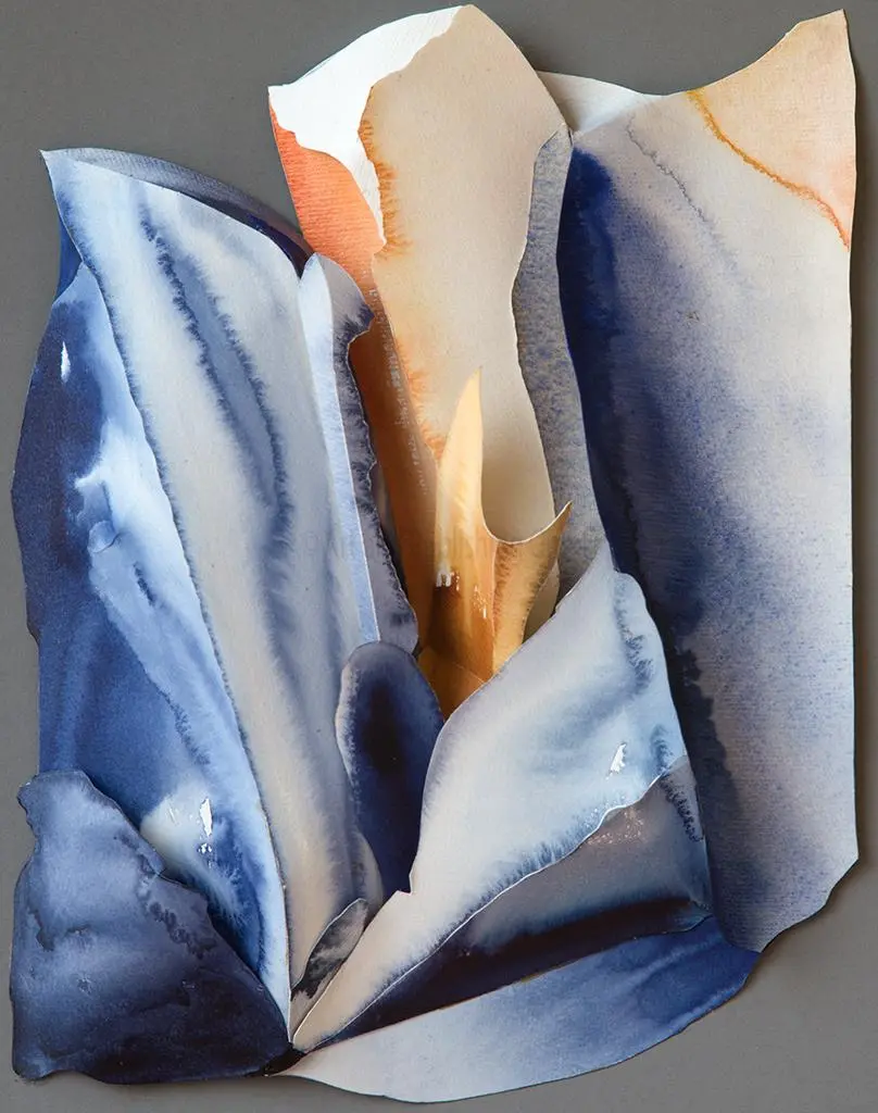 Buttress near the Aiguille du Midi (2000) – A Sculptural Watercolour® capturing the grandeur of the Mont Blanc Massif. 60 x 50 x 6 cm. Buttress near the Aiguille du Midi, Mont Blanc Massif – Sculptural Watercolour® by Prue Bishop, 2000. A striking depiction of towering rock formations in the French Alps. 60 x 50 x 6 cm.