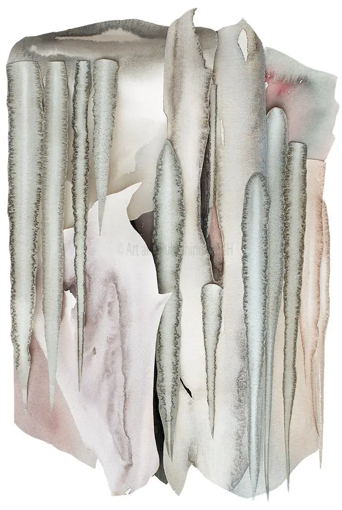 Icicles (2003) – A mesmerizing Sculptural Watercolour® capturing the intricate beauty of frozen ice formations. 70 x 50 x 4.5 cm. Icicles – Sculptural Watercolour® by Prue Bishop, 2003. A delicate study of frozen icicles with sculptural depth and shimmering light effects. 70 x 50 x 4.5 cm.