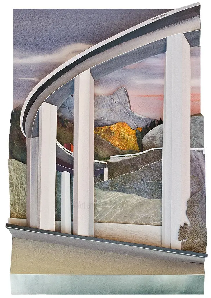Le Viaduc des Égratz (2012) – A Sculptural Watercolour® showcasing the monumental highway viaduct against the dramatic backdrop of the Arve Valley. 80 x 60 x 7 cm. Le Viaduc des Égratz – Sculptural Watercolour® by Prue Bishop, 2012. A breathtaking depiction of the sweeping viaduct and Alpine landscape. 80 x 60 x 7 cm.