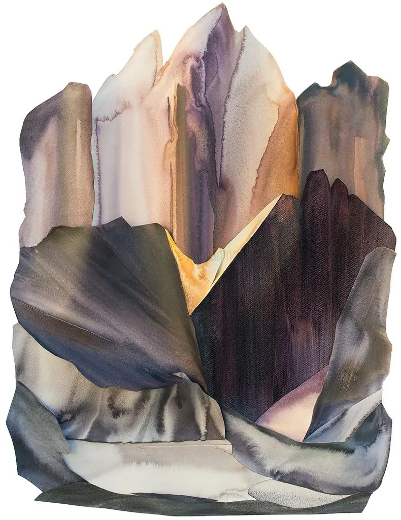 Dents de Lanfon, Lake Annecy (2000) – A striking Sculptural Watercolour® depicting the towering alpine peaks above Lake Annecy. 80 x 50 x 5.5 cm. Dents de Lanfon above Lake Annecy – Sculptural Watercolour® by Prue Bishop, 2000. A dramatic mountain landscape in the French Alps with sculptural depth. 80 x 50 x 5.5 cm.