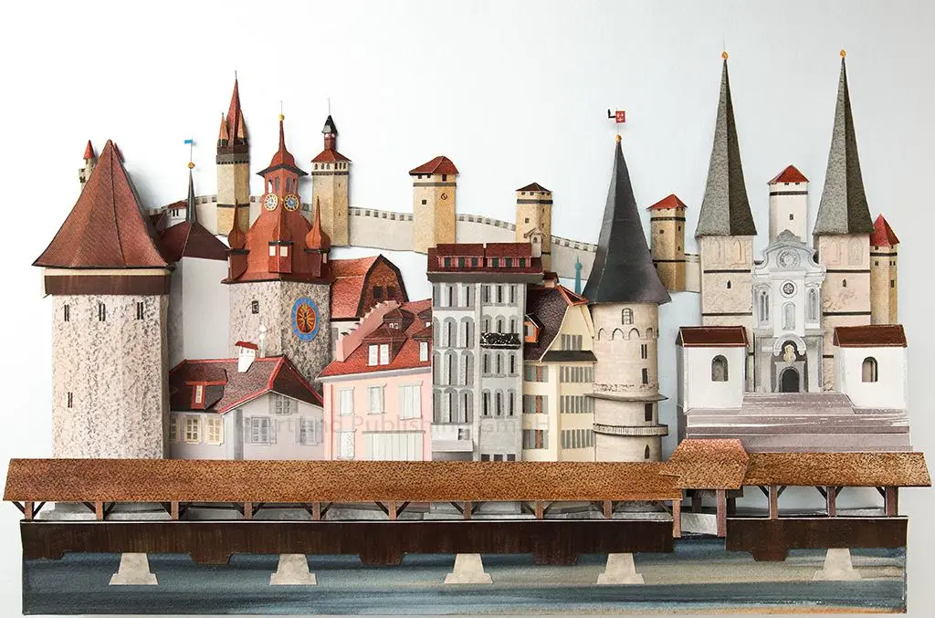 Lucerne. A Caprice of its Walled Towers, Church and Covered Bridge - 70x100x9.5