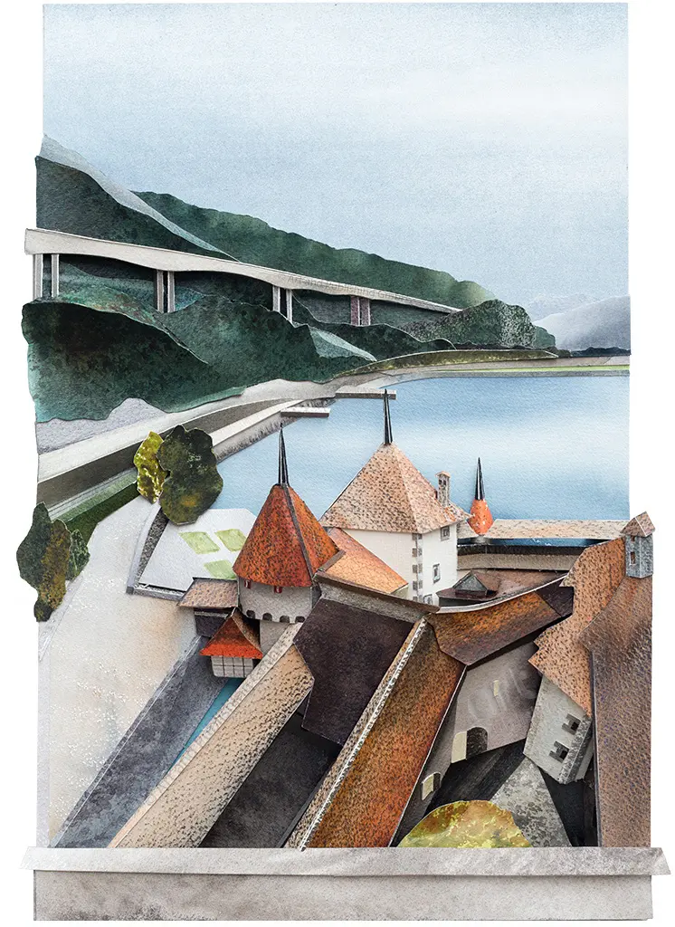 View from Chillon Castle Looking South Towards the Upper Rhône Valley- 70x50x5.5cm