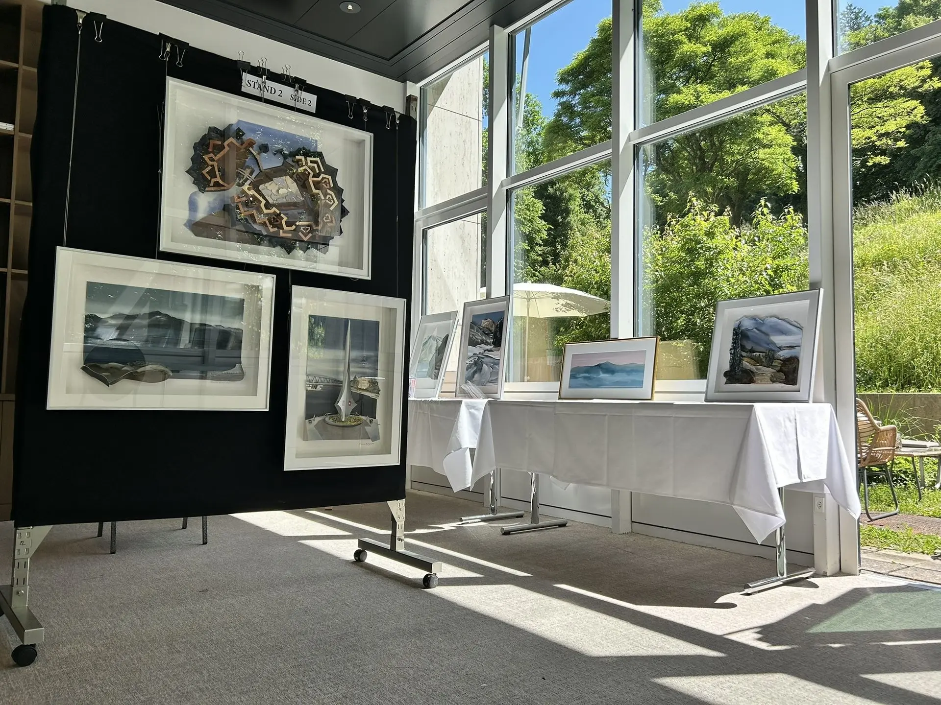 Sculptural Watercolour® artworks by Prue Bishop displayed at the Park Hotel Zug during the “Forces of Nature” exhibition.
